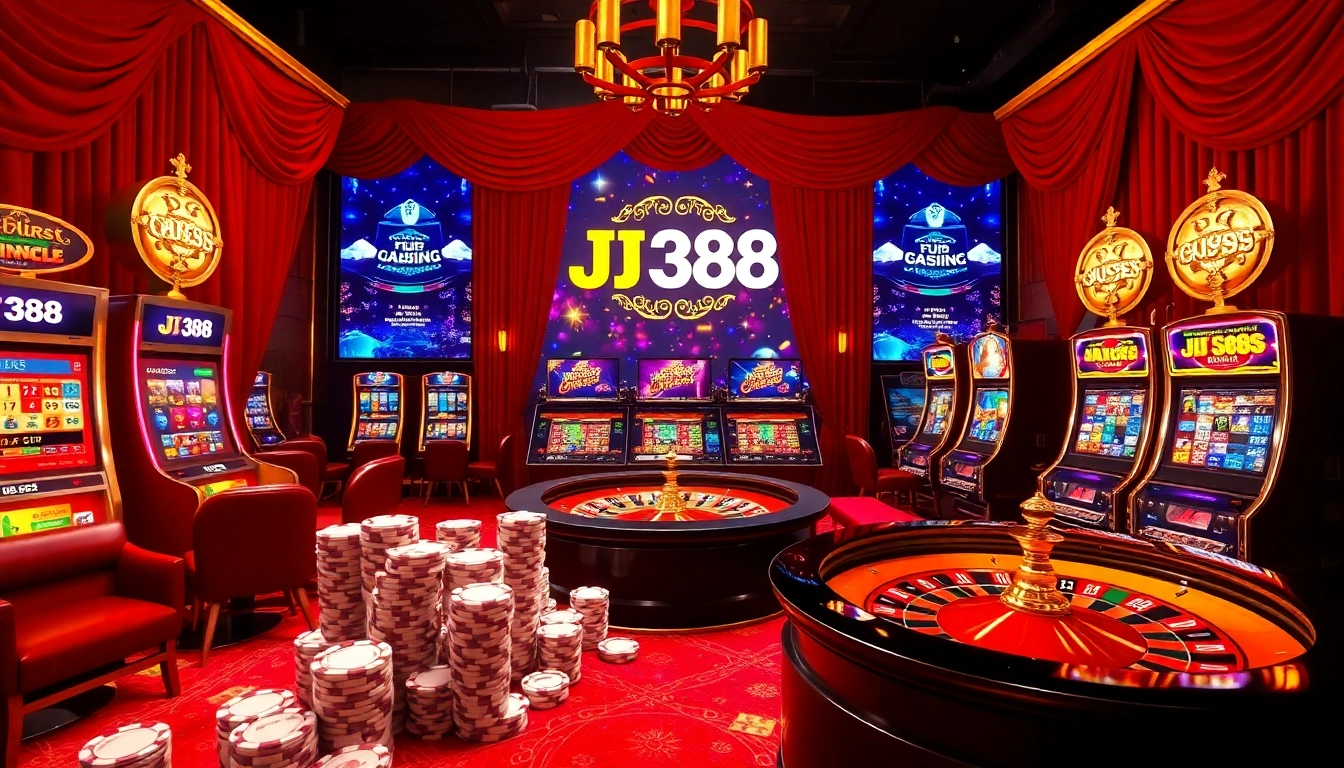 Engaging casino scene with BJ388 logo, featuring poker chips and roulette wheels