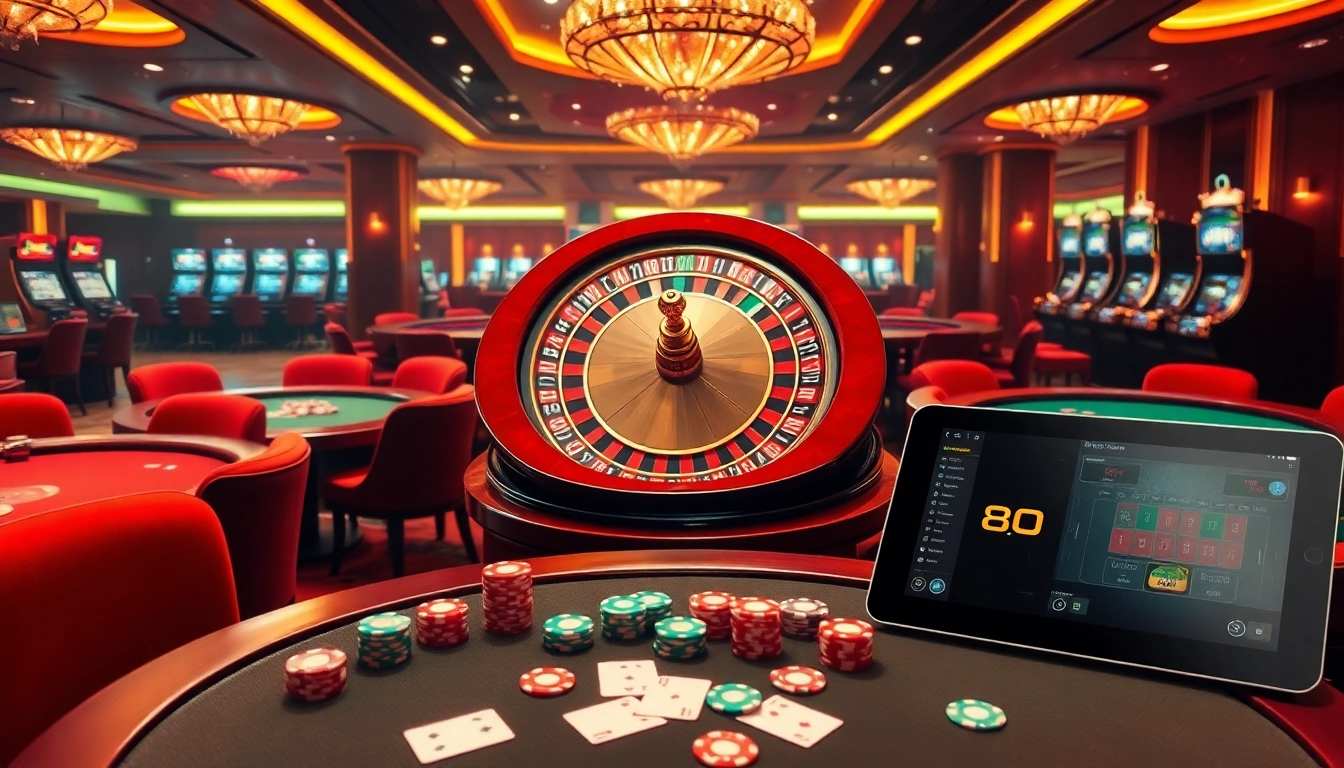 Experience thrilling games at https://bet88fun.net/ with poker chips and roulette wheels in a luxurious casino setting.