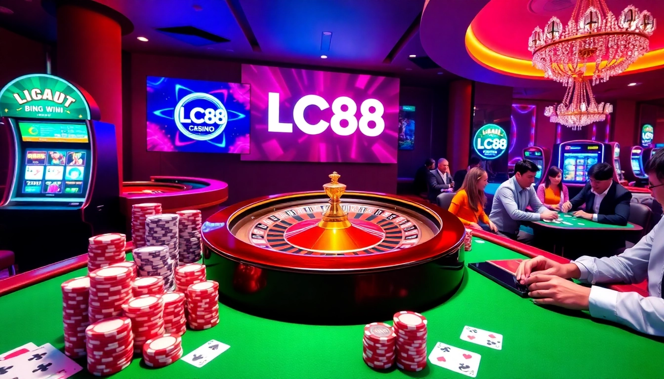 Gamblers enjoying an exciting game environment featuring LC88 logo and casino elements.