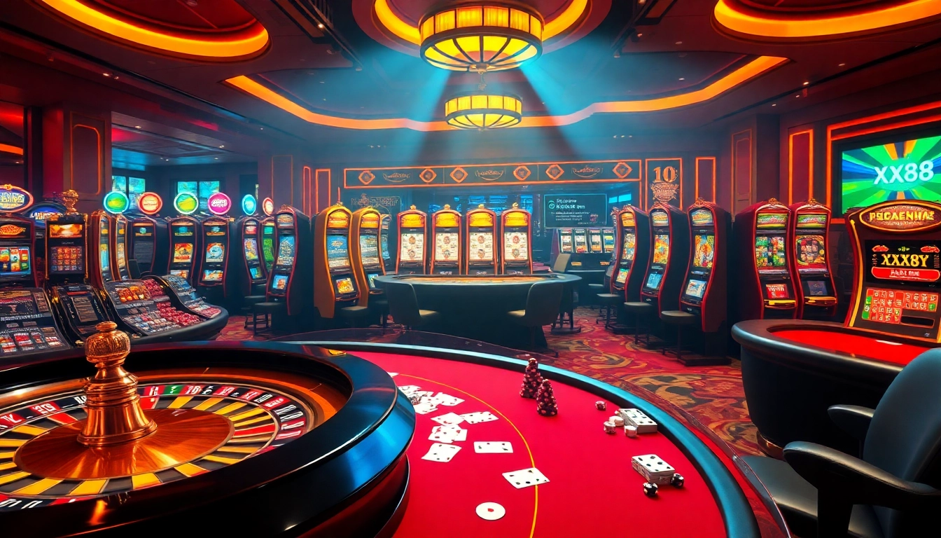 Experience high-stakes action at XX88 casino with poker tables and vibrant slot machines.