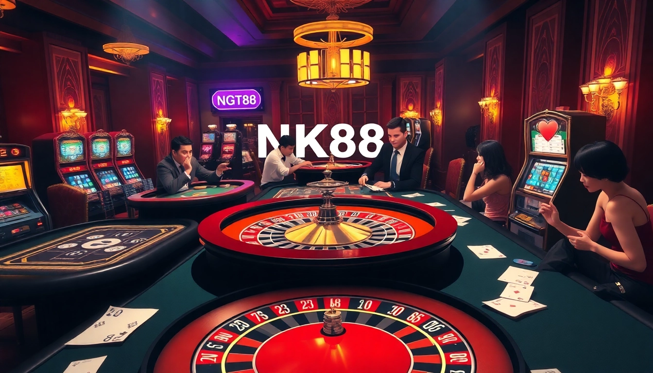 Players enjoy high-stakes games at NK88 casino tables, capturing excitement and luxury.