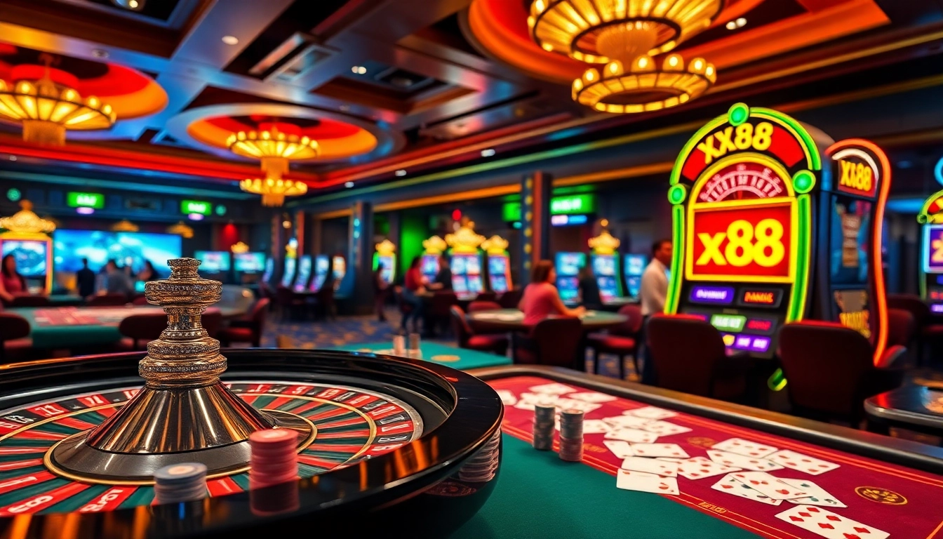 Engaging casino scene with roulette, cards, and xx88 poker chips highlighting excitement and luxury.