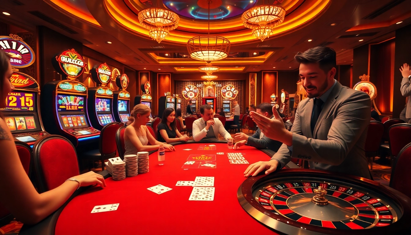 Engaging players enjoying a thrilling bk88 poker game at a luxurious casino.