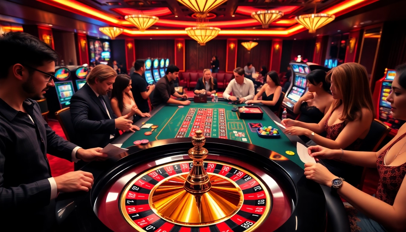 Experience the thrill of EE88 with vibrant casino games and excited gamblers at a roulette table.