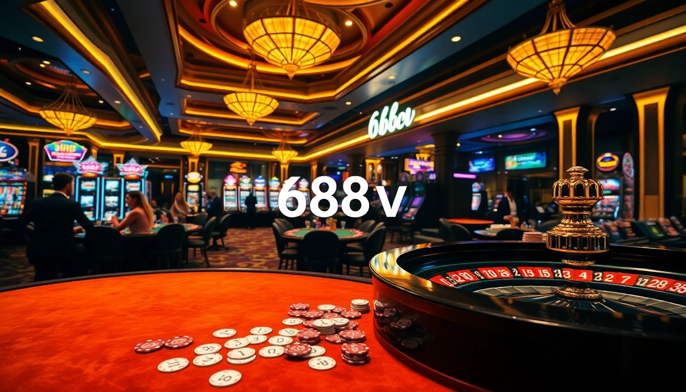 Dynamic casino floor with vibrant gambling action featuring 688v branding.