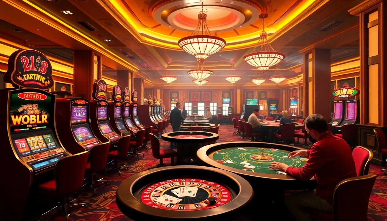 Kubet casino scene with players at tables, vibrant slot machines, and an inviting atmosphere.