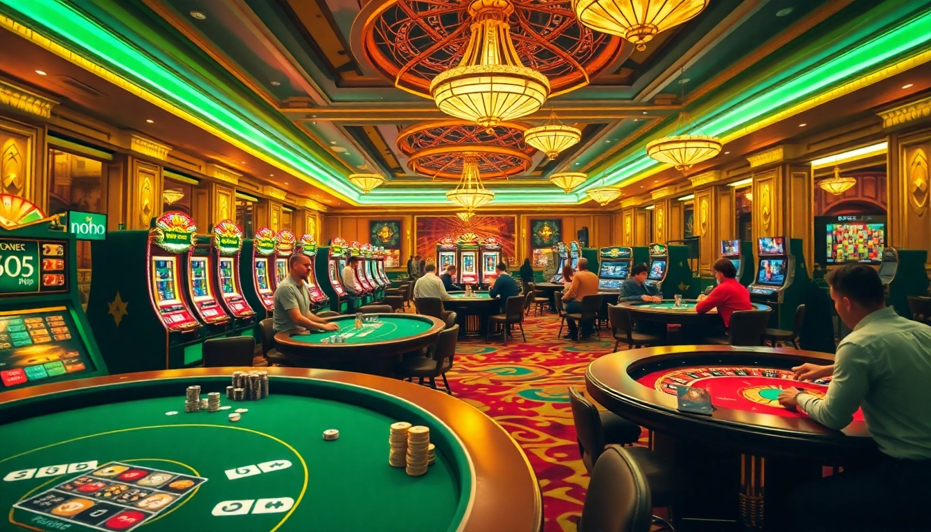 Nohu90 players enjoying a thrilling casino experience with vibrant tables, slot machines, and excitement.