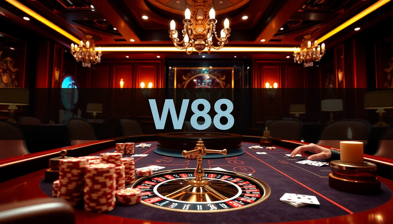 Experience the thrill of poker at W88 with a luxurious gaming setup, vibrant decor, and professional players.