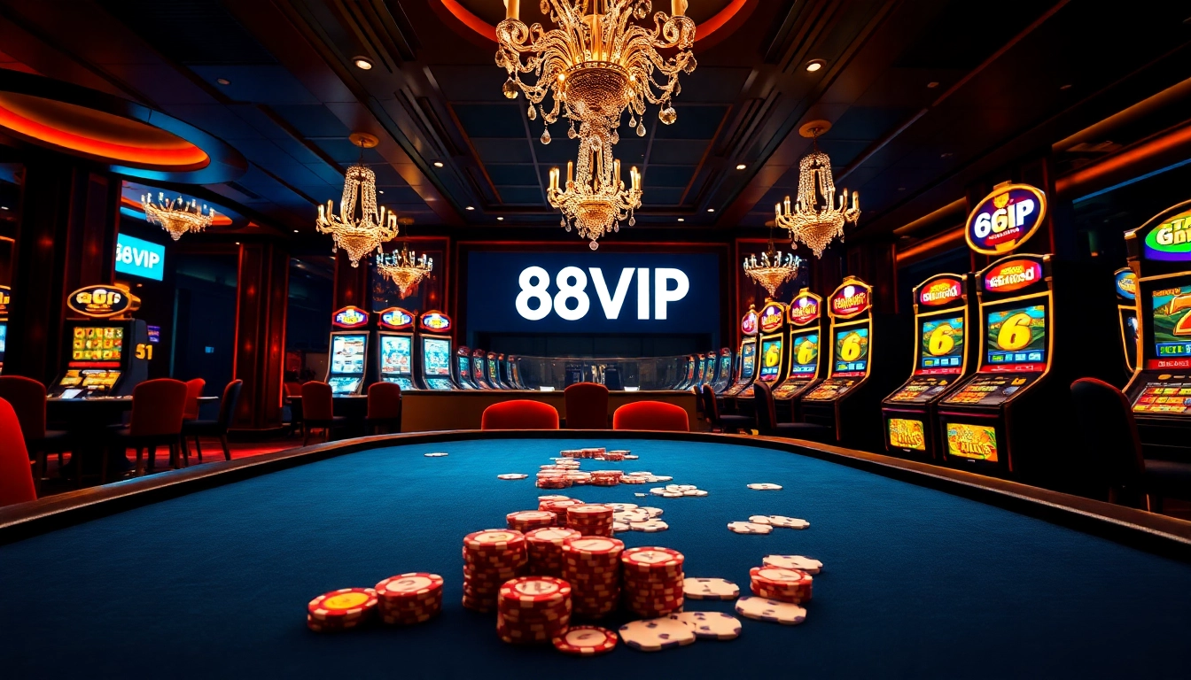 Experience high-stakes gaming at 68VIP with poker chips and vibrant slot machines.