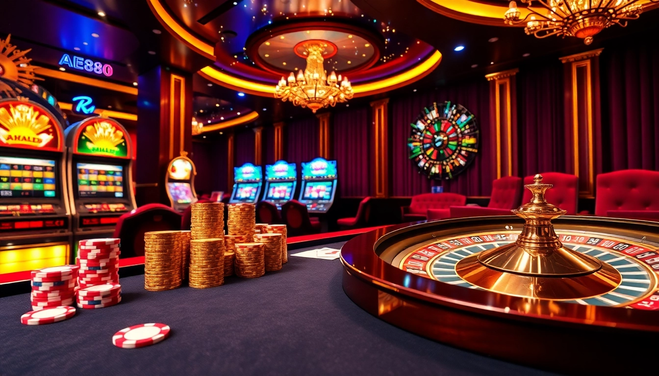 Experience the excitement of AE888 with vibrant casino elements like poker chips and roulette wheels.