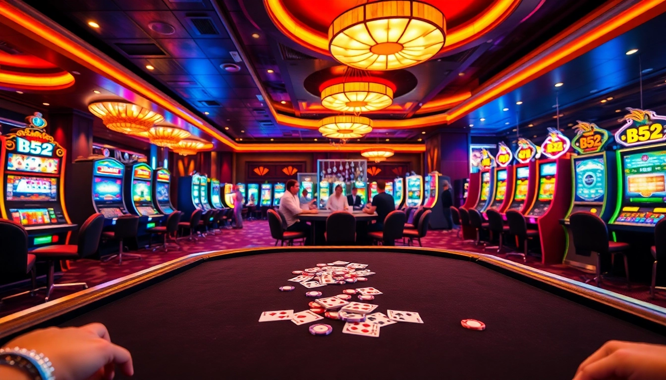 B52 gambling scene with vibrant casino lights, gaming tables, and active players enjoying high stakes.