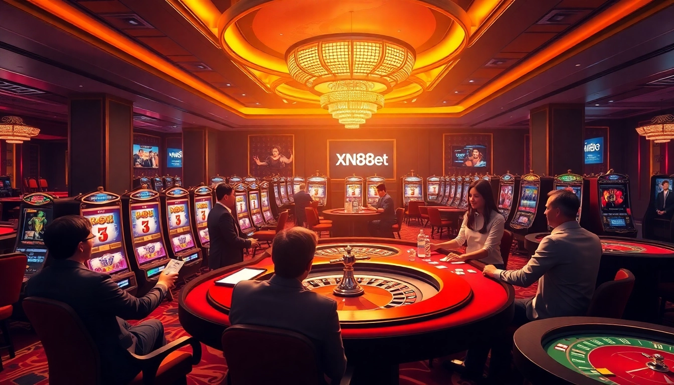 Enjoying a thrilling game at xn88 net, featuring vibrant slots and poker tables.