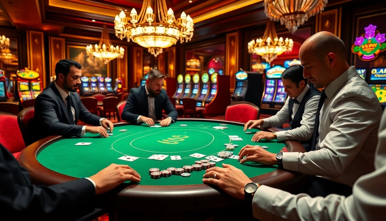 VJ88 poker table scene showcasing high-stakes gamblers with chips and cards in an elegant casino.