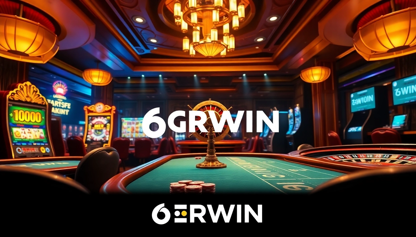 Experience the excitement of 6RWIN with a luxurious casino atmosphere showcasing poker chips, cards, and slot machines.