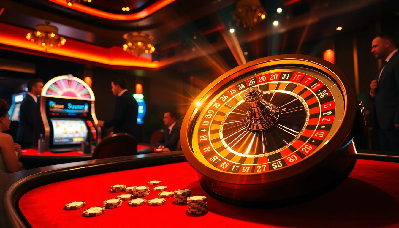 Experience luxury at https://pg88us.com/ as players bet on a vibrant roulette wheel in an upscale casino scene.
