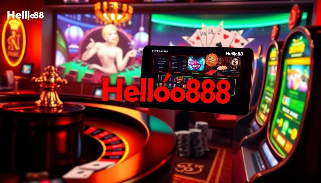 Experience thrilling online gaming at Helloo88 with vibrant casino elements like roulette and poker chips.