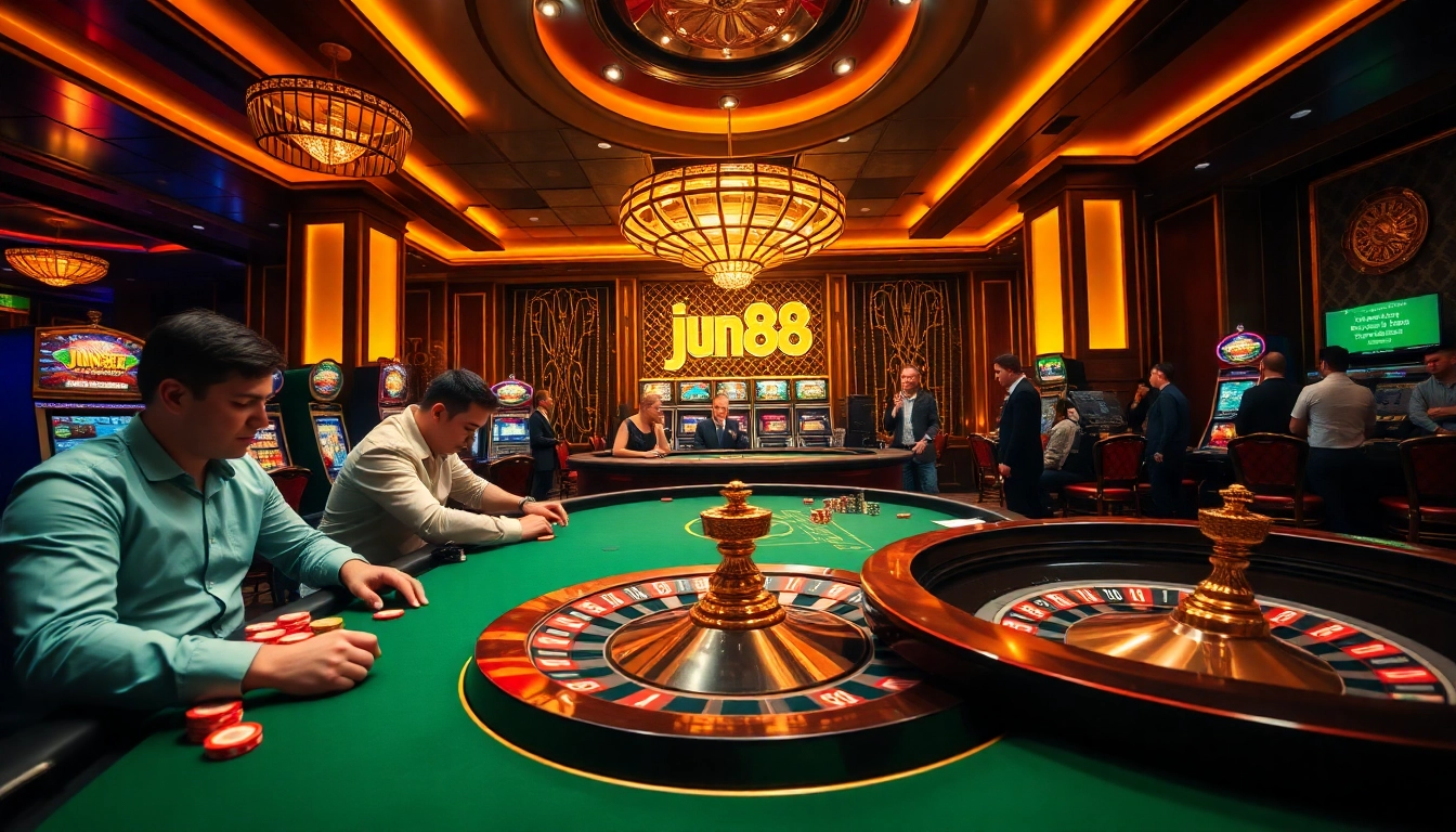 Players enjoying high-stakes poker and exciting games at Jun88 casino with vibrant atmosphere.