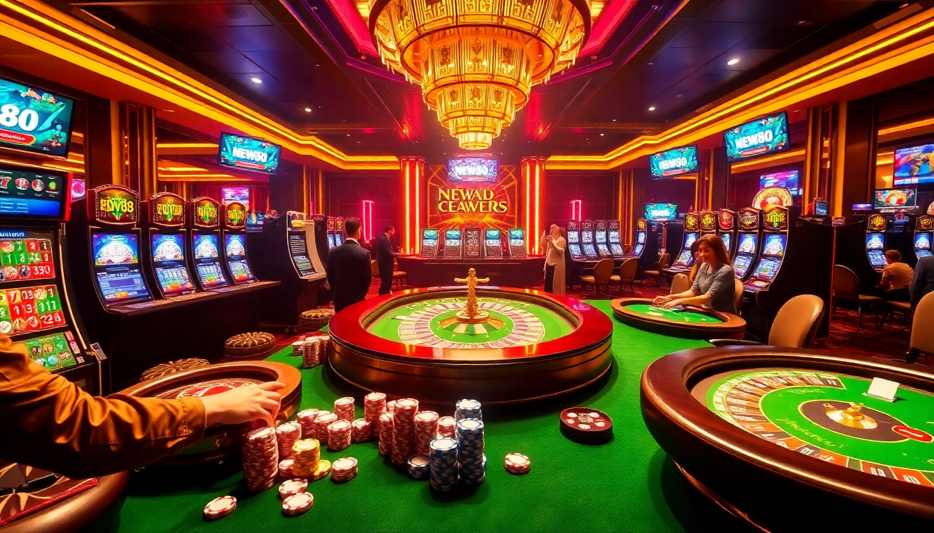 New88 players enjoying an exciting casino experience with vibrant tables and slot machines.