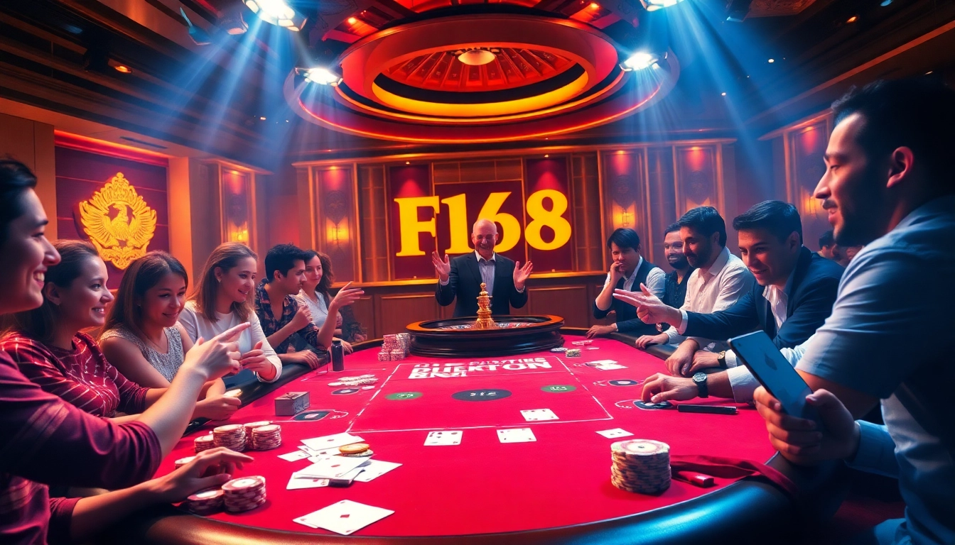 Experience the thrill of F168 at a vibrant casino poker table with lively gameplay.