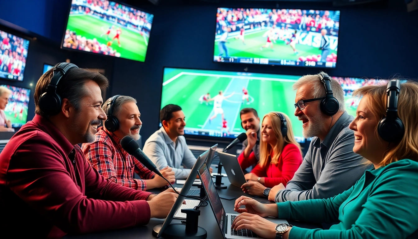 Engaging scene of sports broadcasting with diverse commentators in a dynamic live event setting.