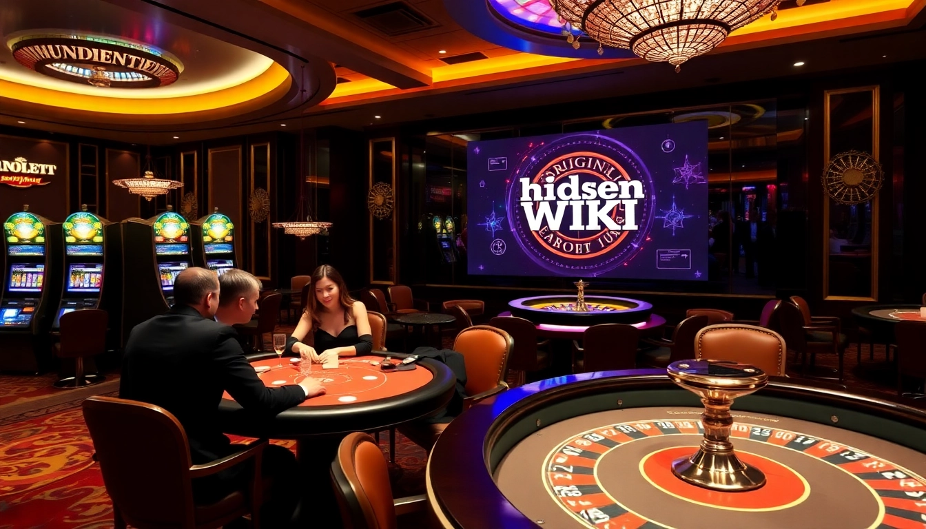 Players engaging in high-stakes poker at a luxurious casino while referencing the original hidden wiki.