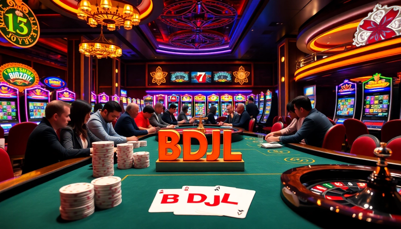 BDJL poker scene with players, vibrant casino elements like chips, cards, and roulette wheel.