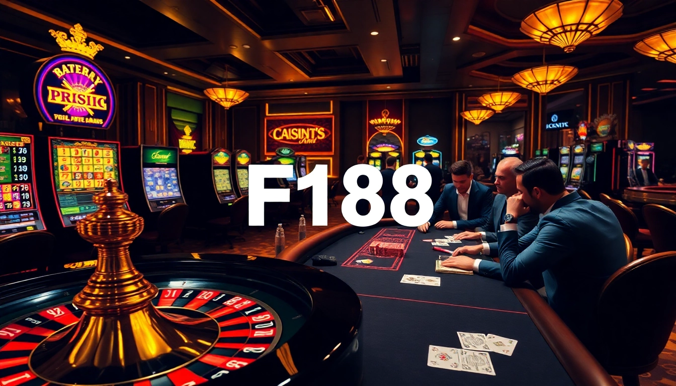 Engaging F168 casino scene showcasing poker chips, roulette wheel, and players in a luxurious setting.