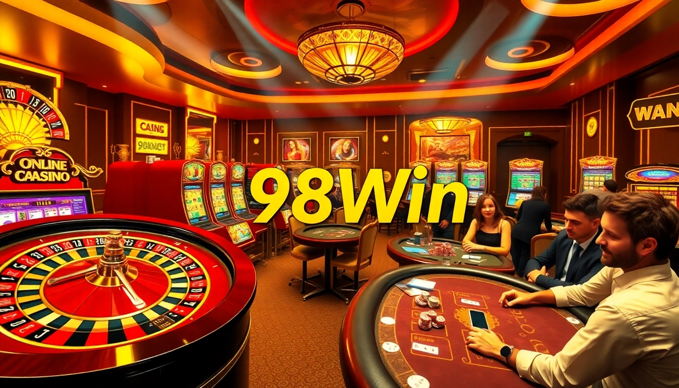 Players enjoying a thrilling moment at 98Win's online casino, featuring vibrant games and excitement.
