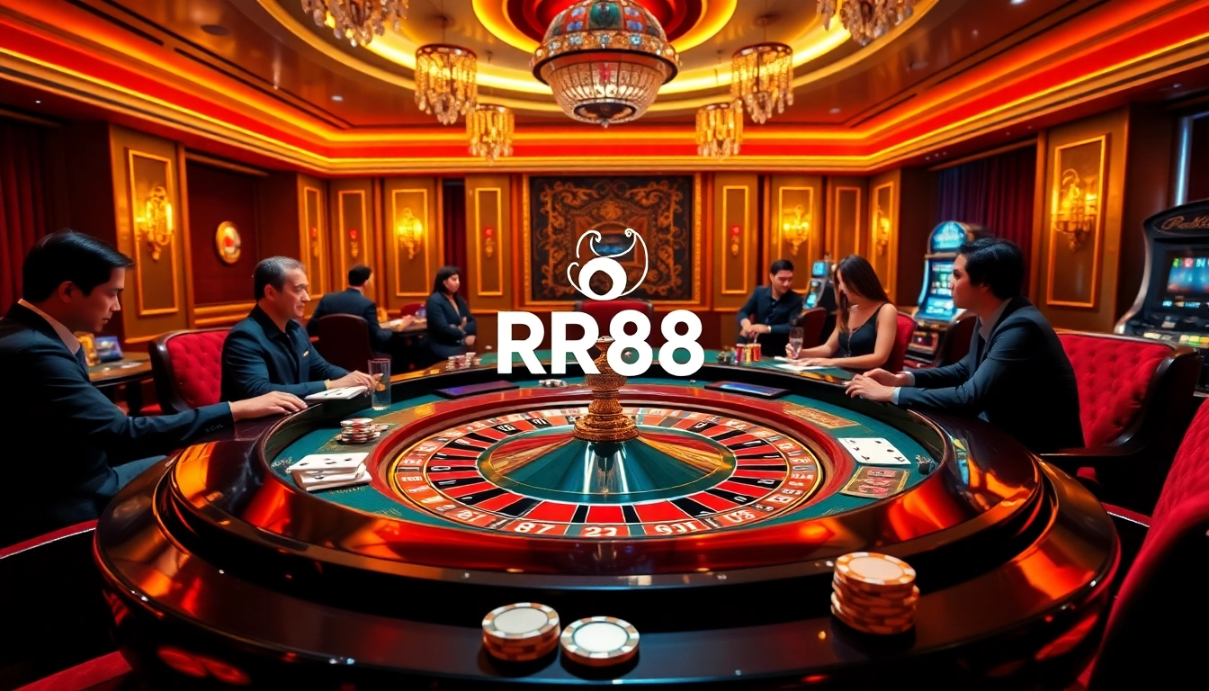 Casino players enjoying a thrilling game at RR88, featuring roulette, poker chips, and vibrant lighting.