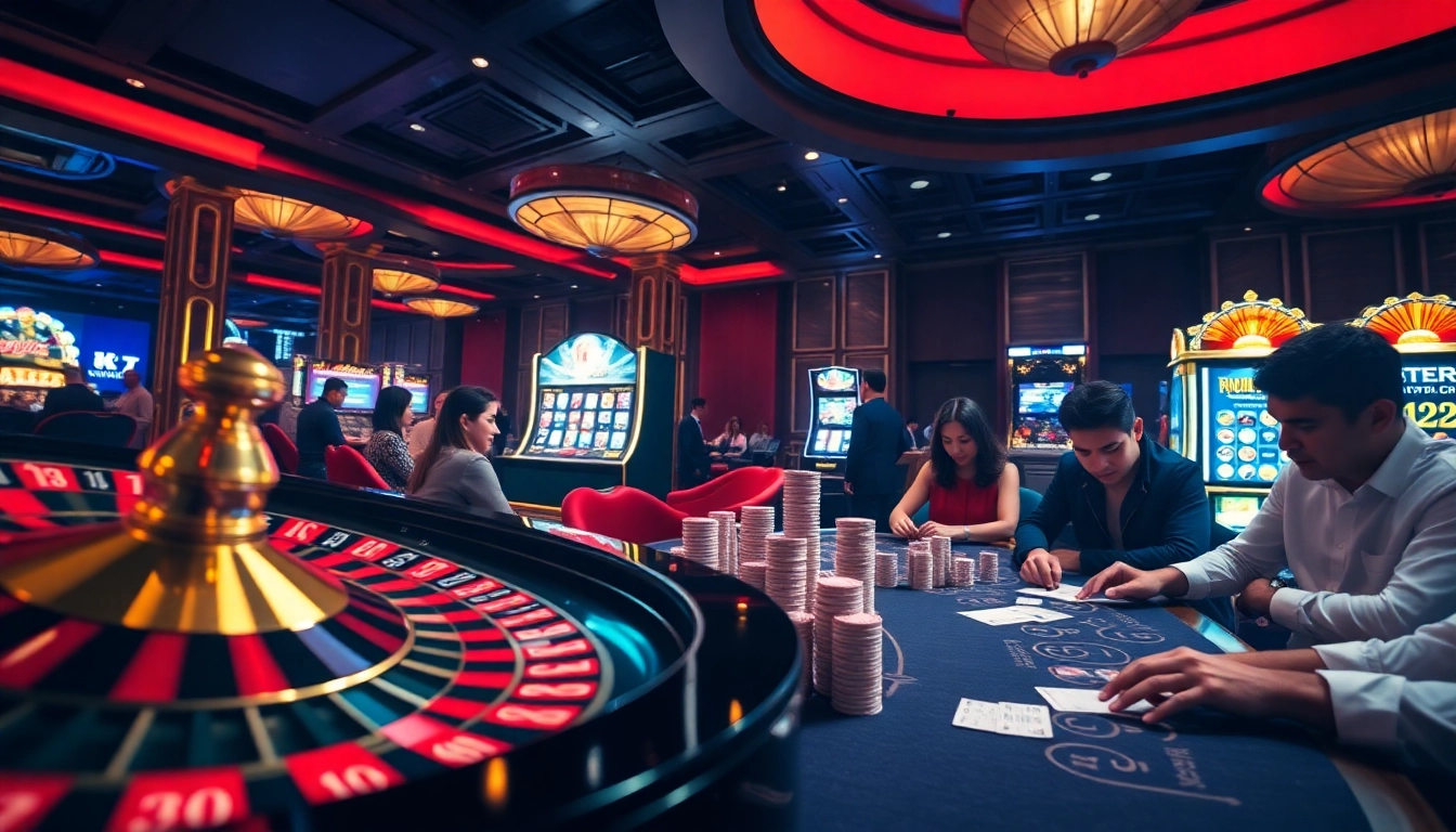 Experience thrilling bets and high stakes at RR88's luxurious casino floor, showcasing roulette and poker.
