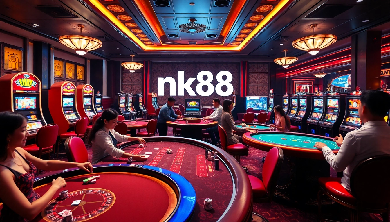 Join the thrilling gameplay at nk88's luxurious casino, showcasing vibrant tables and excited players.