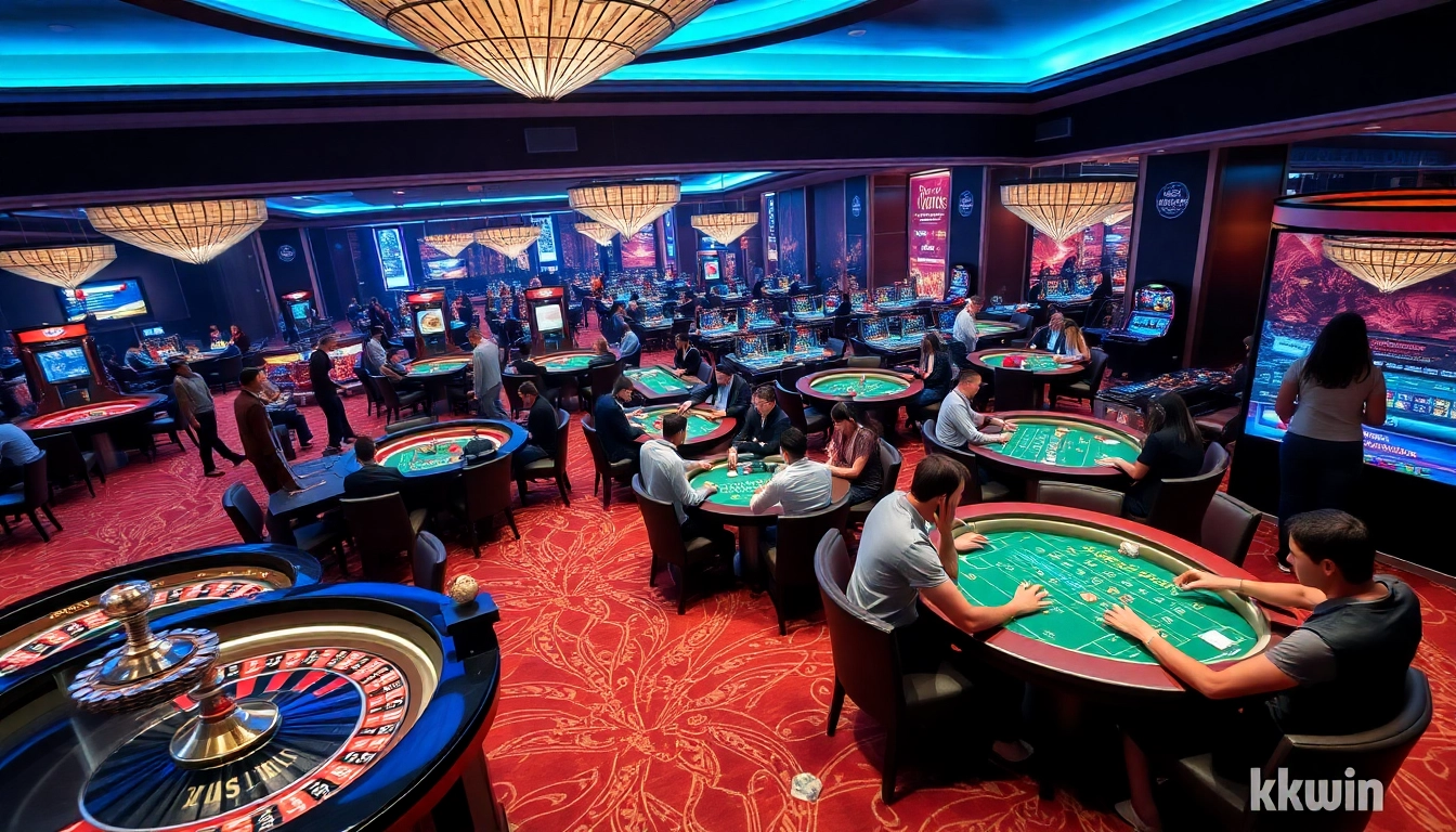 Players enjoying an exciting gaming experience at kkwin casino with vibrant tables and roulette wheels.