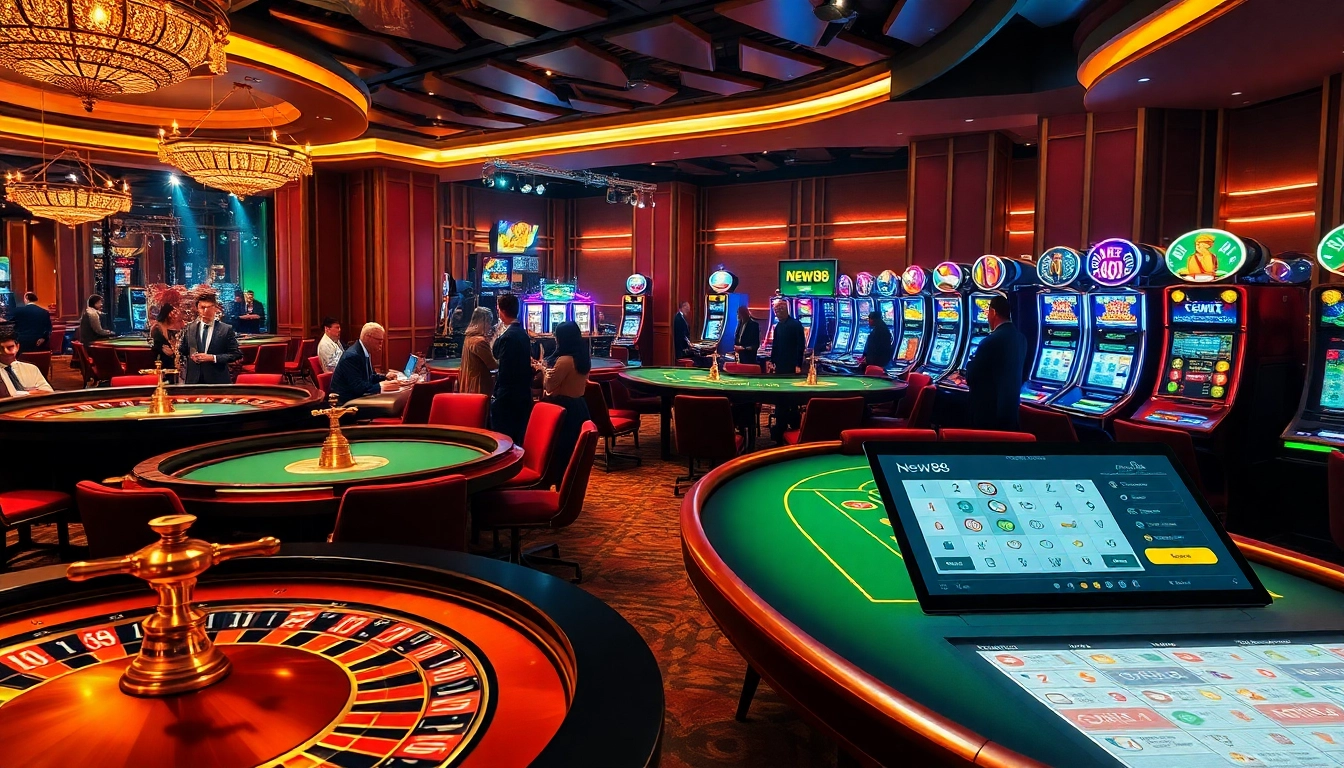 New88 casino scene with poker tables, roulette wheels, and vibrant slot machines.