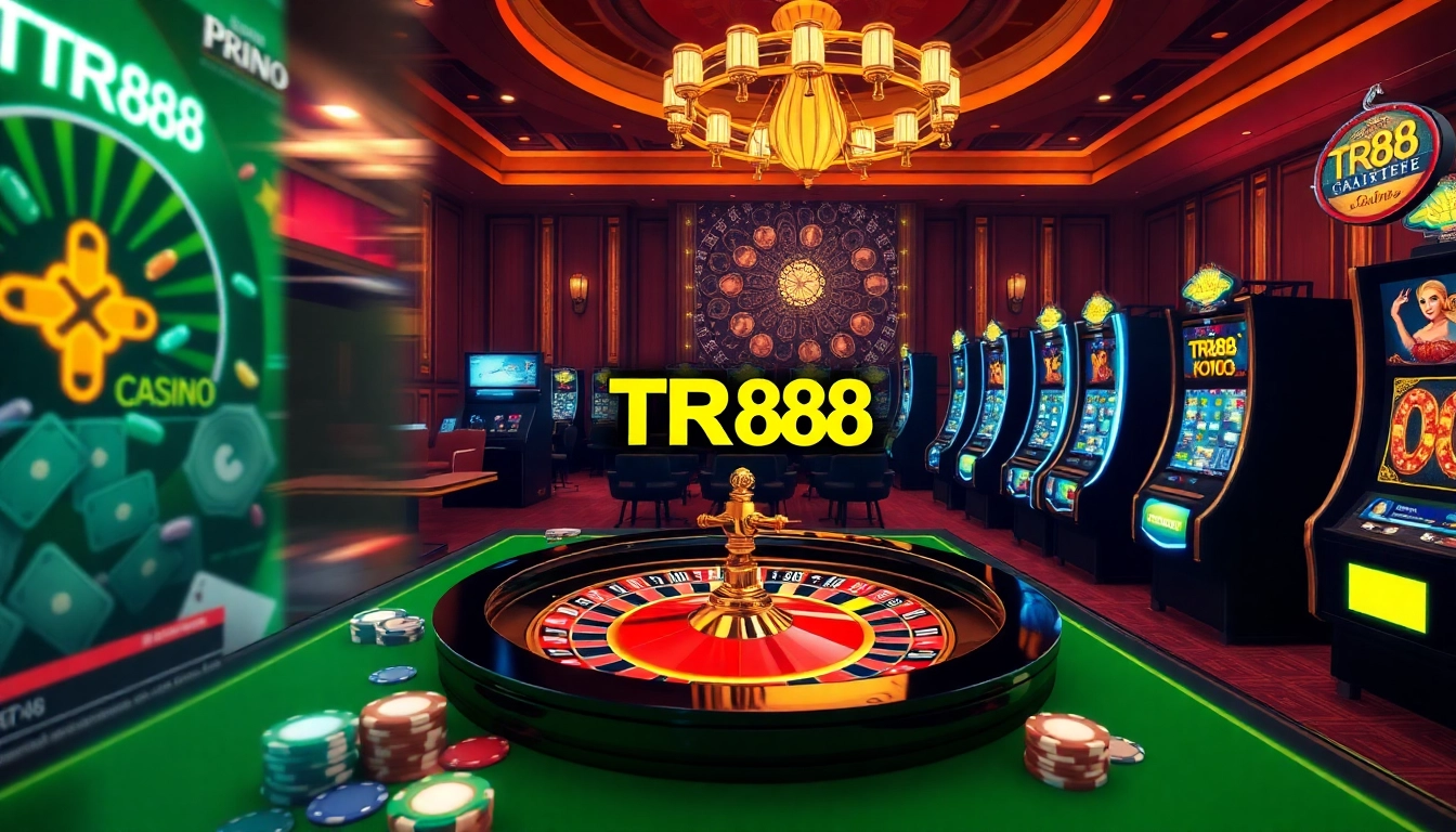 Engaging gambling scene with TR88 logo featuring roulette wheel and slot machines.