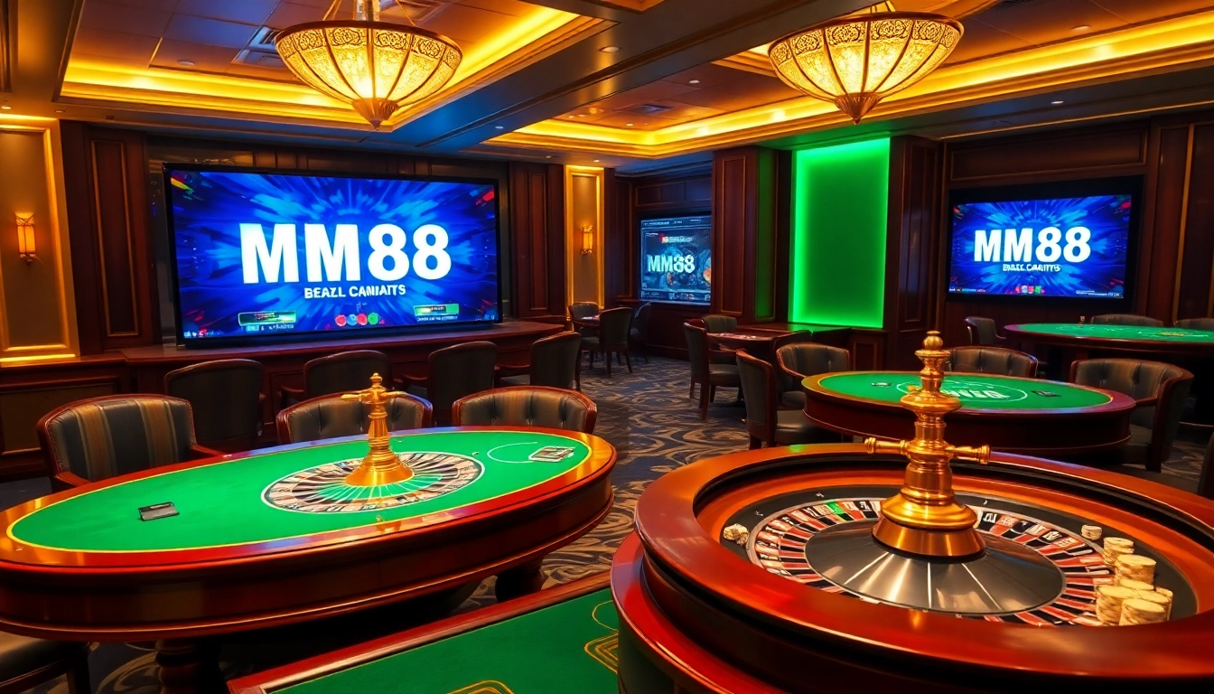 Experience the thrill of 'trang chủ mm88' with engaging casino visuals featuring tables, chips, and betting excitement.