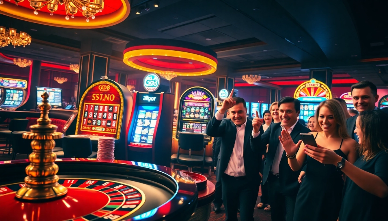 Excited players winning at Go8 casino with poker chips and roulette table.