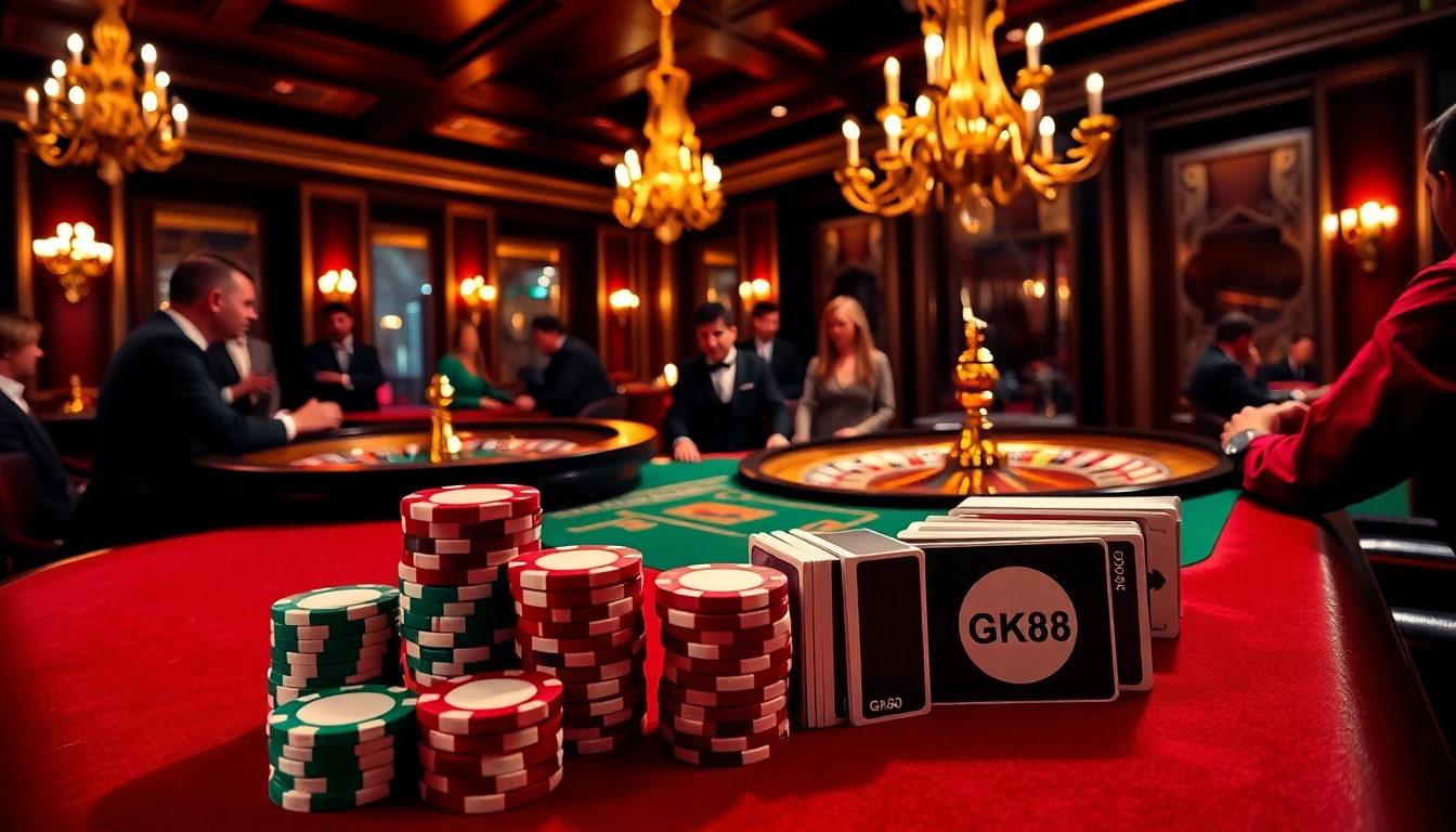 Poker players immersed in a thrilling Gk88 casino scene with colorful chips and roulette.