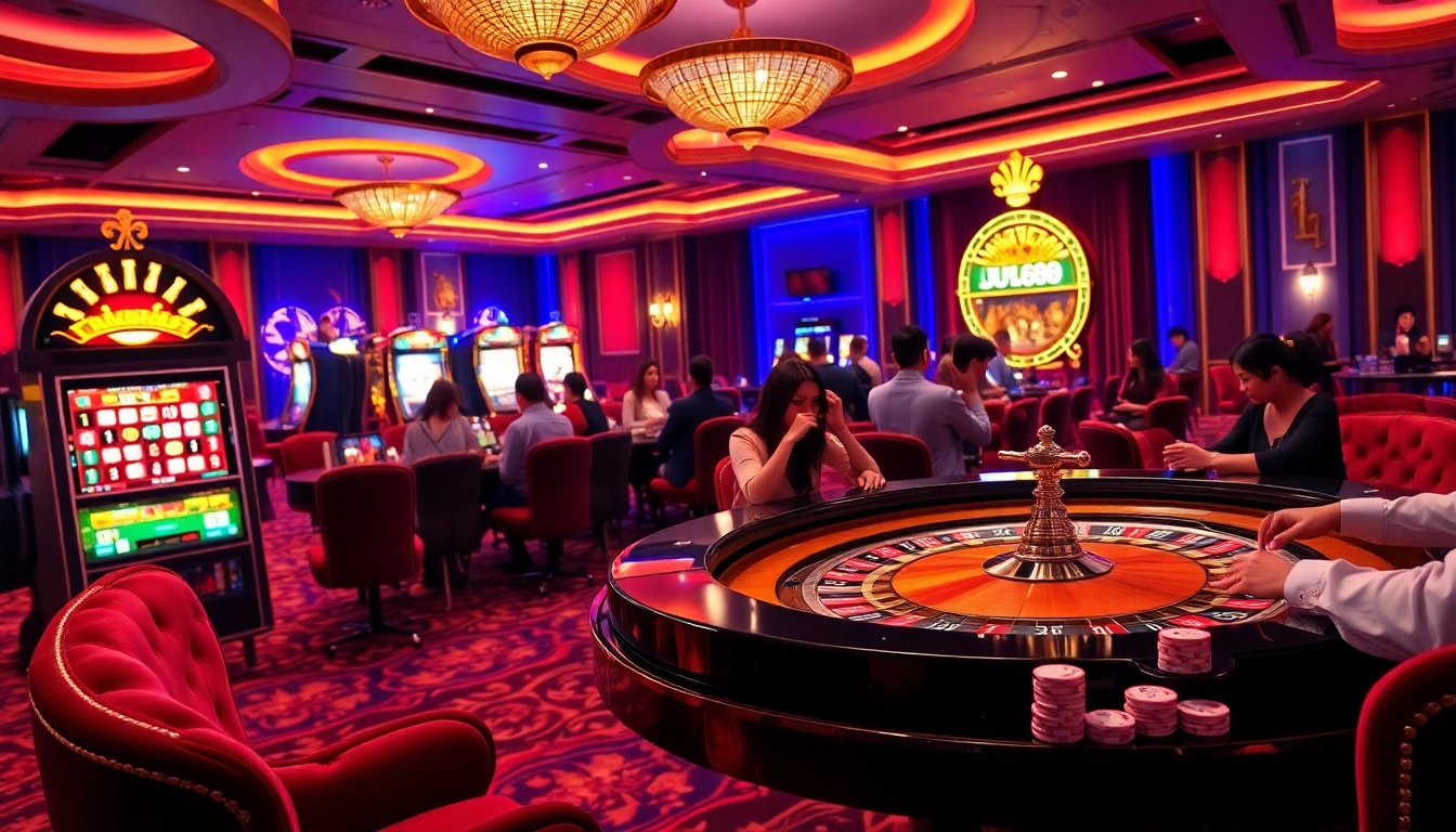 Experience Jun88's thrilling casino environment with vibrant roulette and slot machines.