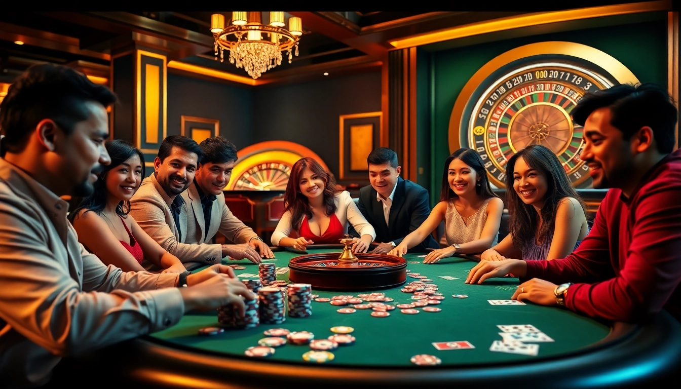 Rasakan sensasi 'datuk win' di meja kasino mewah dengan chip poker berwarna-warni dan pemain yang penuh semangat.