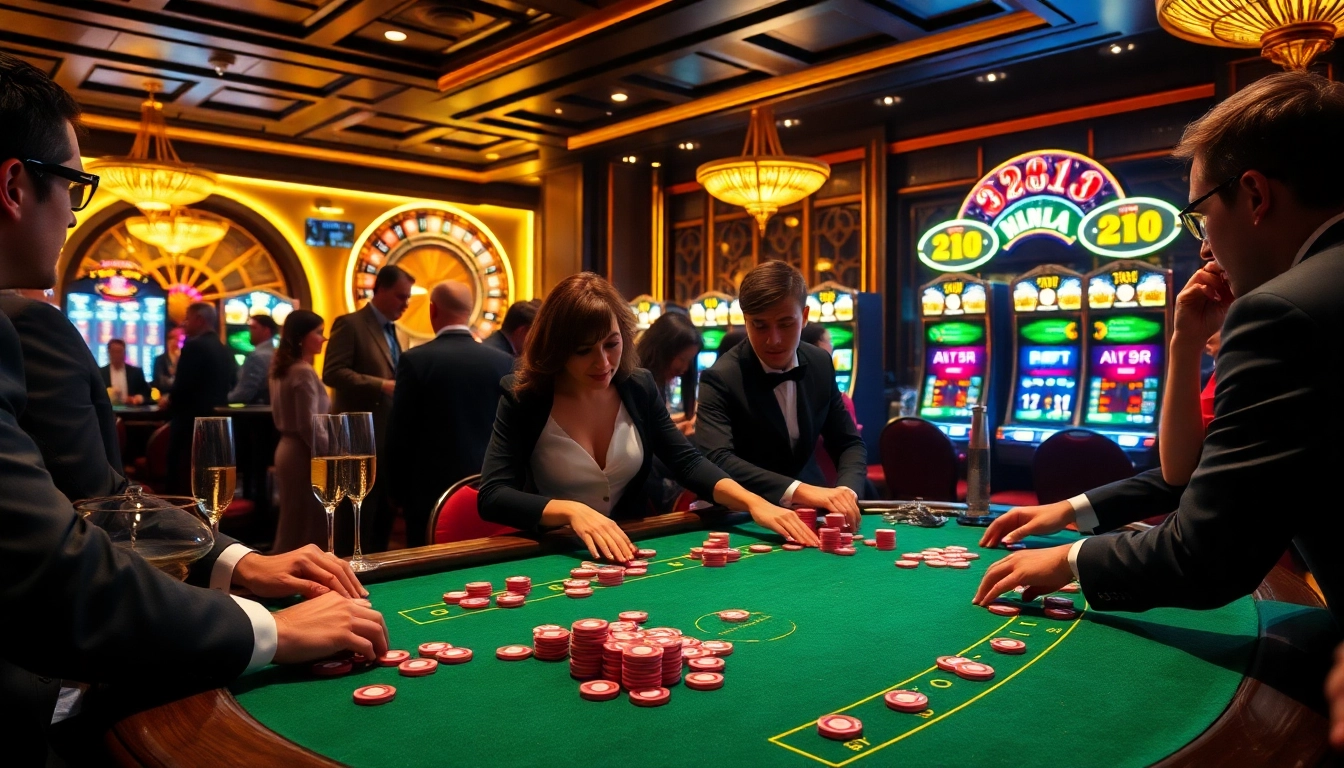 Thabet casino scene featuring poker tables, roulette wheels, and vibrant slot machines.