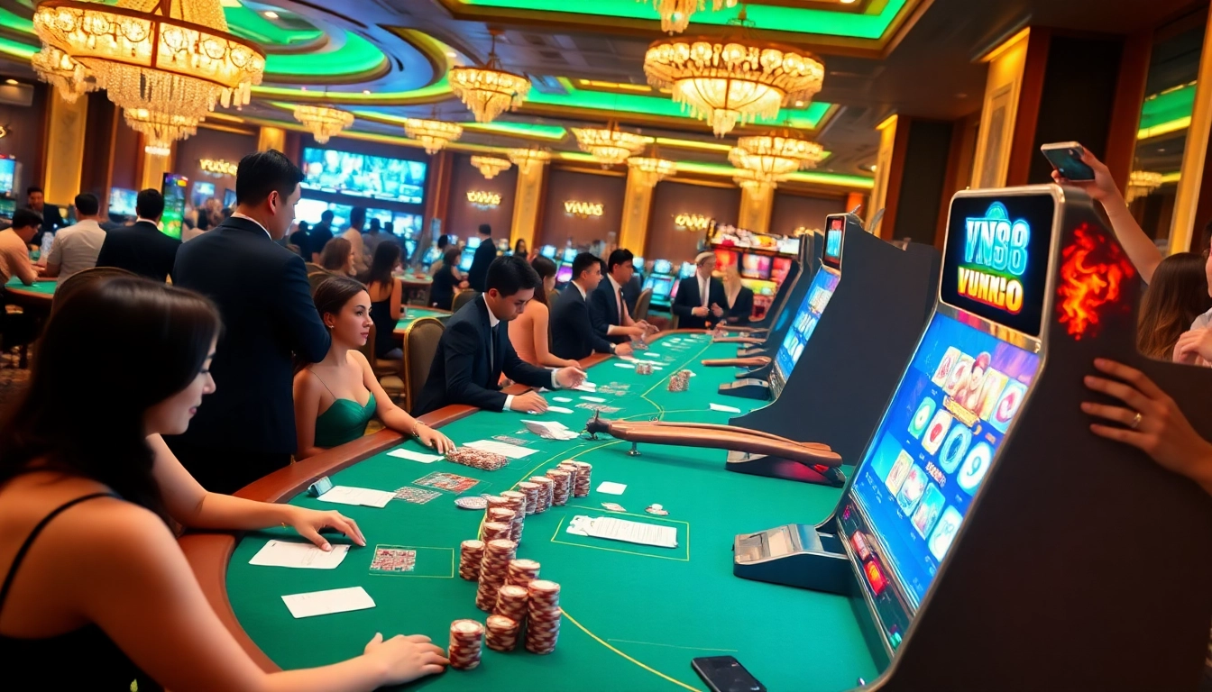 Players strategizing bets at VN88's luxurious casino tables, capturing the thrill of gambling.