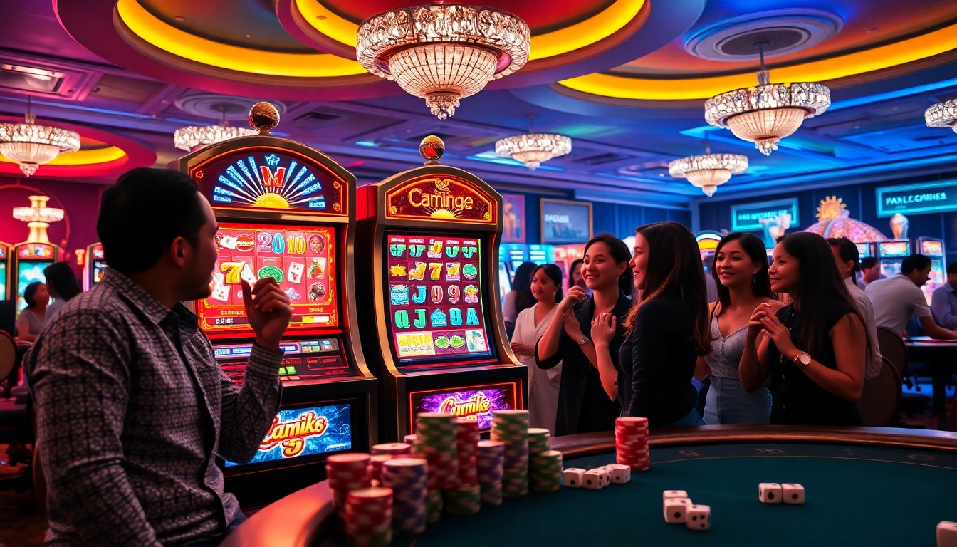 Players enjoying a thrilling game of slot88 in a vibrant casino atmosphere.