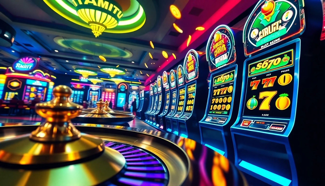 Players winning on ktpjitu with vibrant slot machines and a virtual roulette in a lively online casino atmosphere.