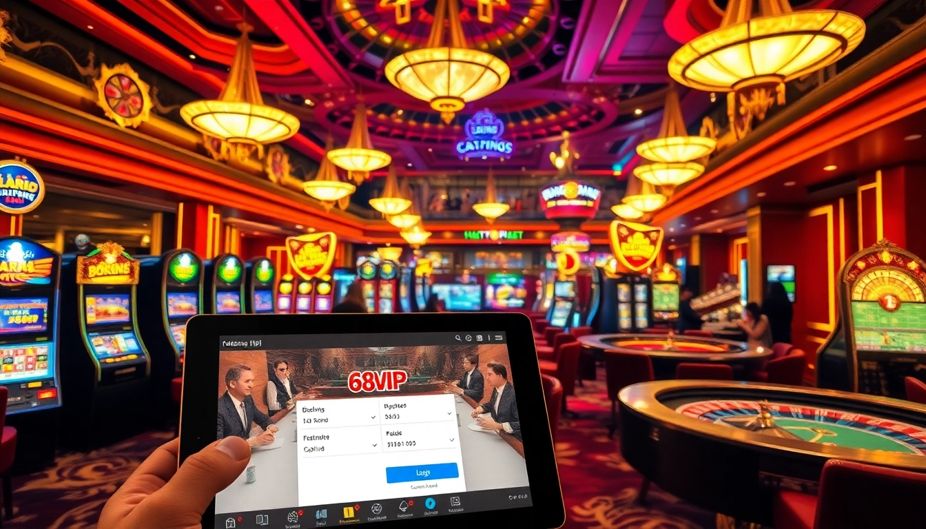 Experience the excitement of Đăng Nhập Nhà Cái 68VIP with vibrant casino scenes showcasing slot machines and poker tables.