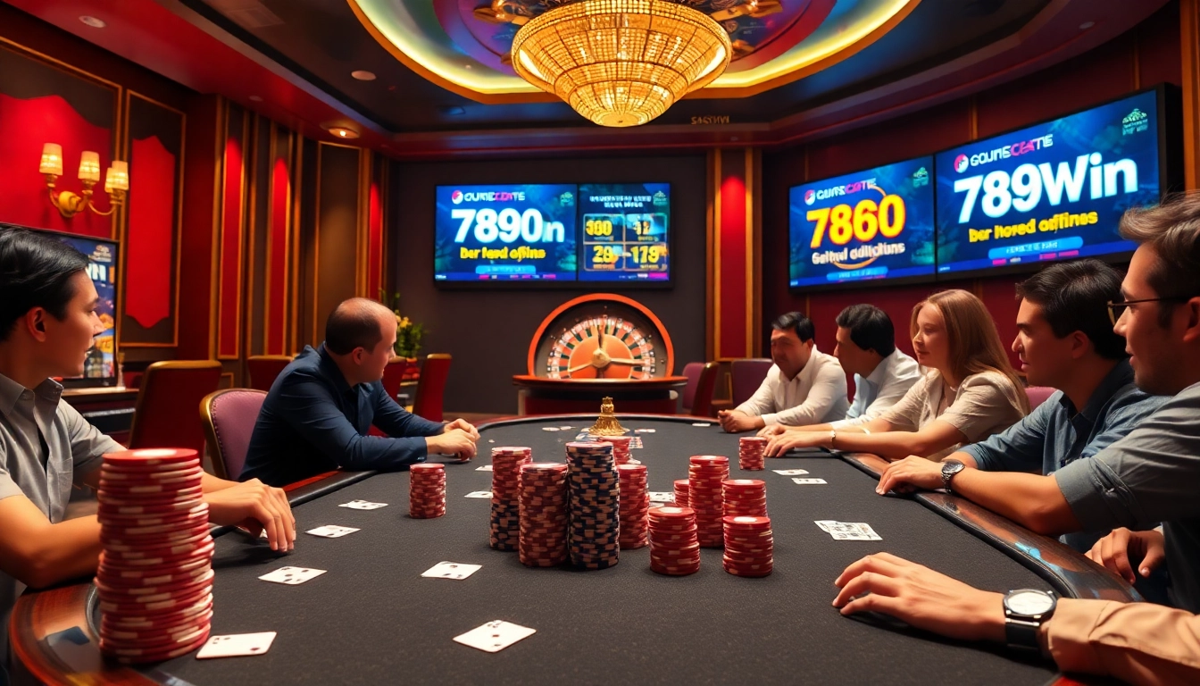 Players strategizing at a 789Win poker table, surrounded by excitement and lavish decor.