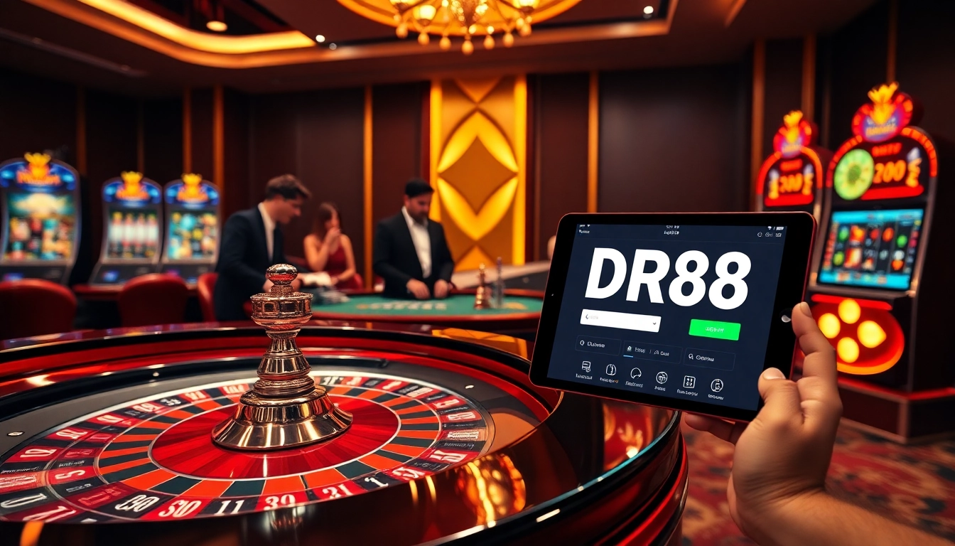 Engaging gaming atmosphere showcasing Đăng ký DR88 with vibrant tables, chips, and players.