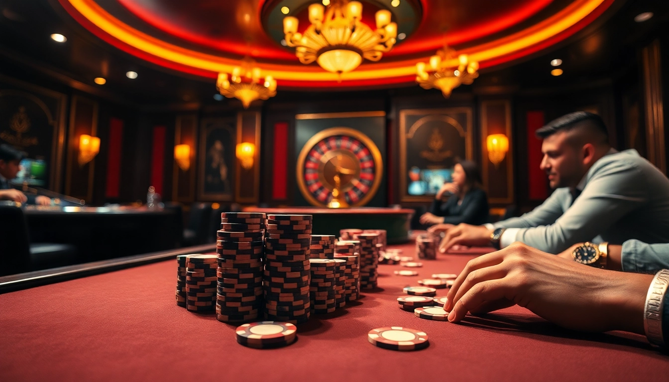 Experience j88 high-stakes poker excitement with vibrant chips and an enticing roulette backdrop.