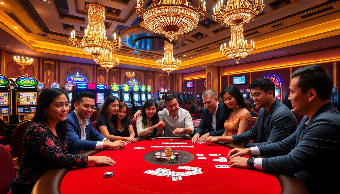 Players enjoying a thrilling game environment at go88 casino, surrounded by vibrant poker chips and slot machines.