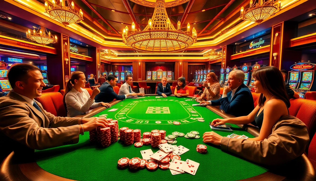 Excited players enjoying idnslot gaming at a luxurious casino table with vibrant decor.