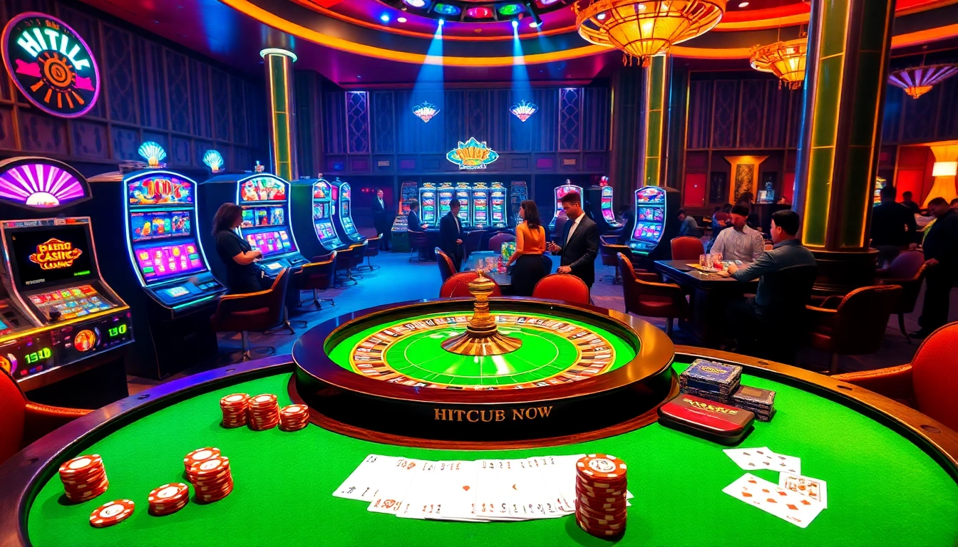 Hitclub gaming scene showcasing vibrant casino tables and excited players.